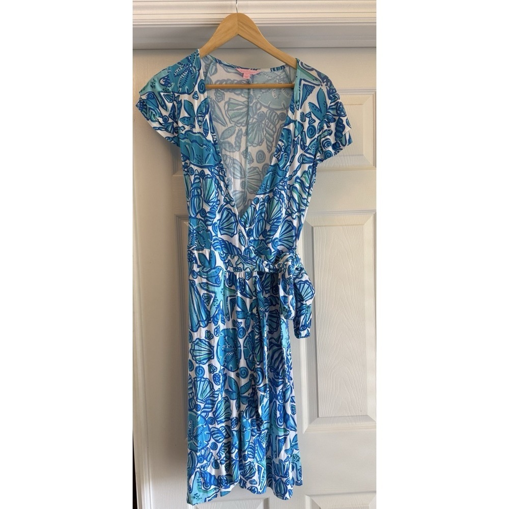 Lilly Pulitzer Wrap Dress XS Blue Shell Starfish Print Short Sleeve V-Neck